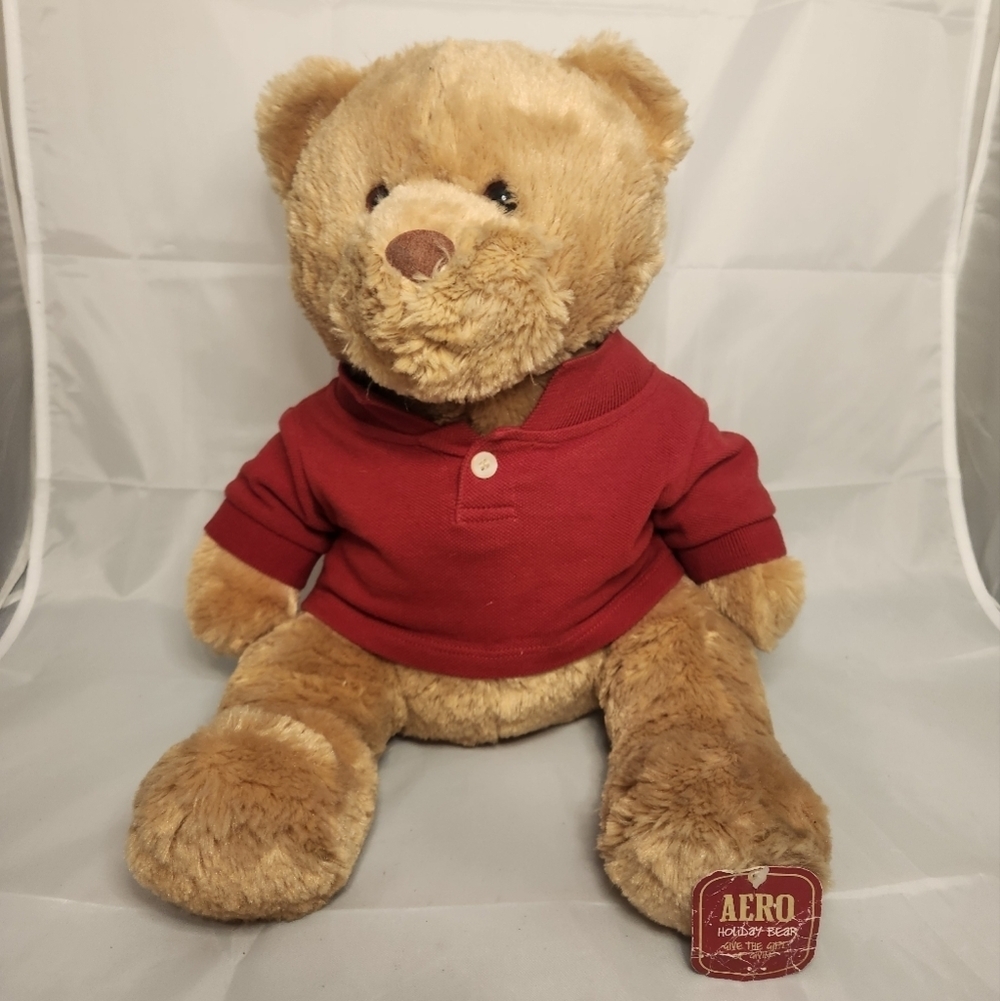 12” Aēropostale Light Brown Teddy Bear wearing Red Shirt Plush Stuffed Animal